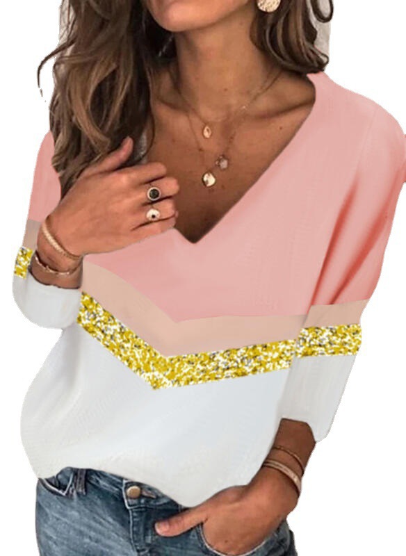 Women's Loose Fit Printed V-Neck Long Sleeve T-Shirt