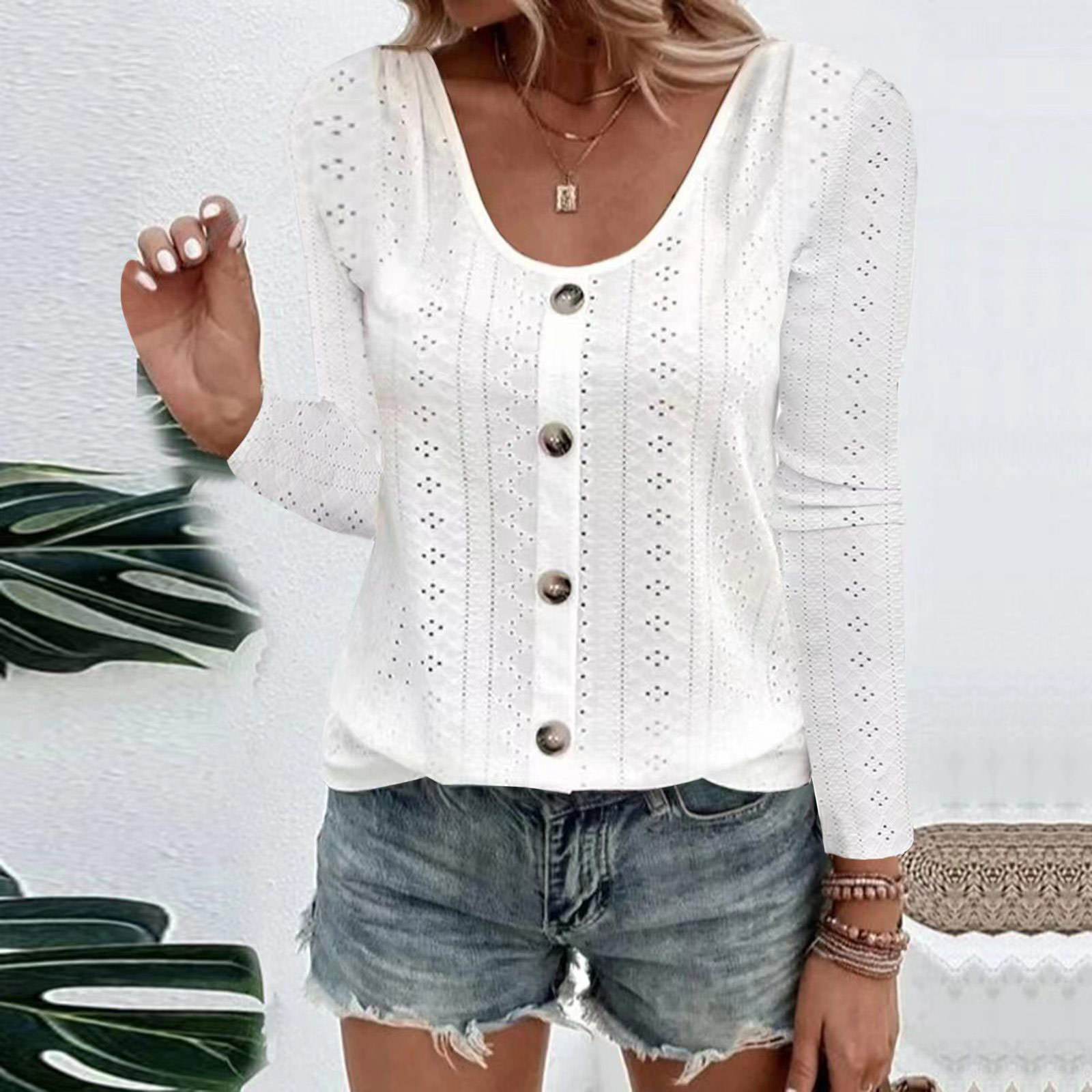 Women's Round Neck Loose Single-Breasted Long-Sleeve Top