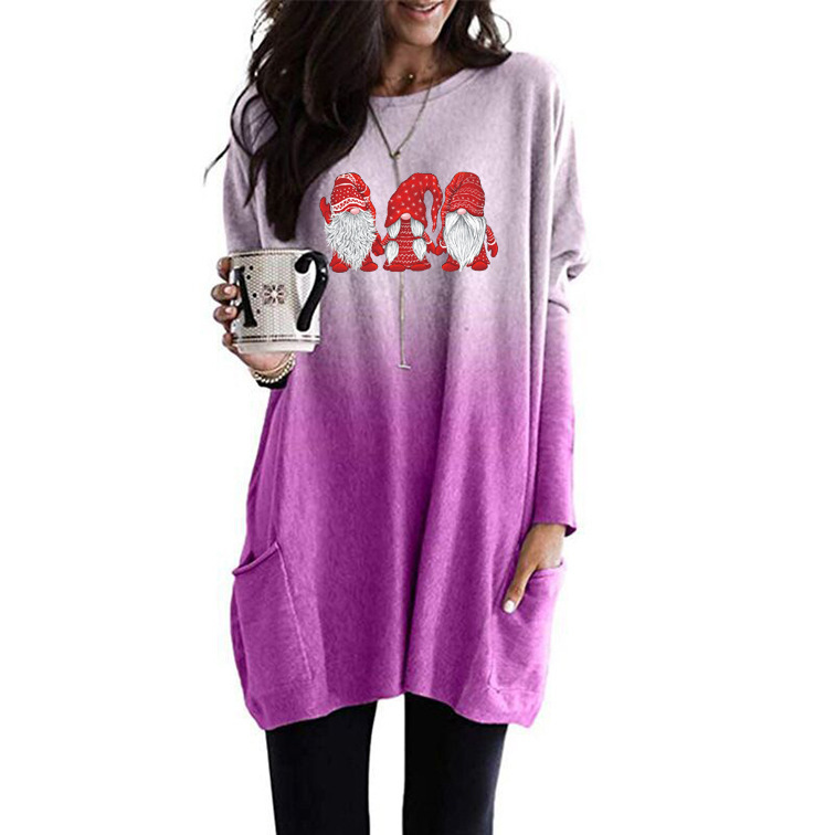 Santa Print Long Sleeve Round Neck Pocket Dress