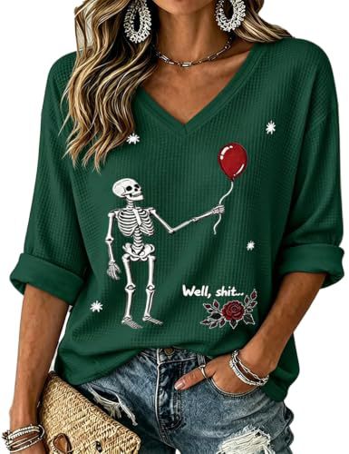 Skull Floral Balloon Print V-Neck Mid-Sleeve T-Shirt