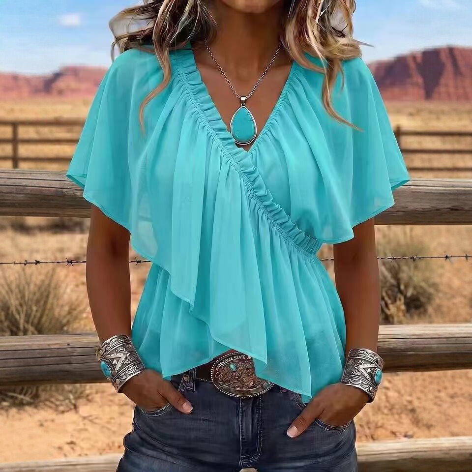 Cross V-Neck Ruched Ruffle Flutter Sleeve Chiffon Top with Cinched Waist and Asymmetrical Hem