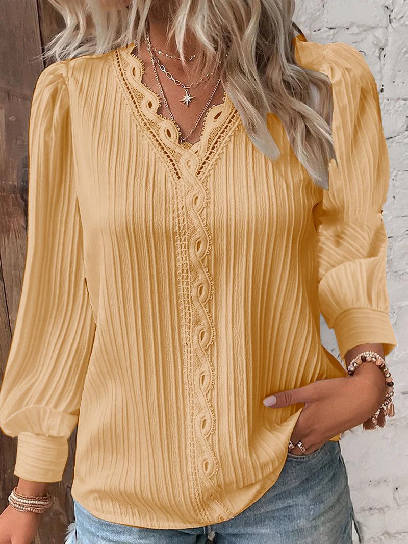 Women's Long Sleeve V-Neck Lace Trim Blouse