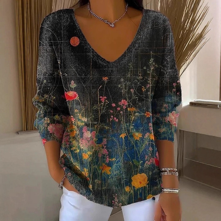 Women's V-Neck Long-Sleeve Cat Floral Pumpkin Print T-Shirt