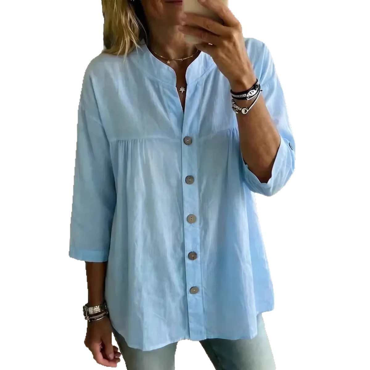 Women's Cotton-Linen Shirt Casual Vintage Solid Color 3/4 Sleeve Top