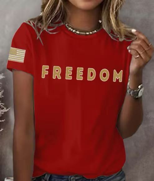 Freedom American Flag Print Crewneck Short Sleeve Women's Top