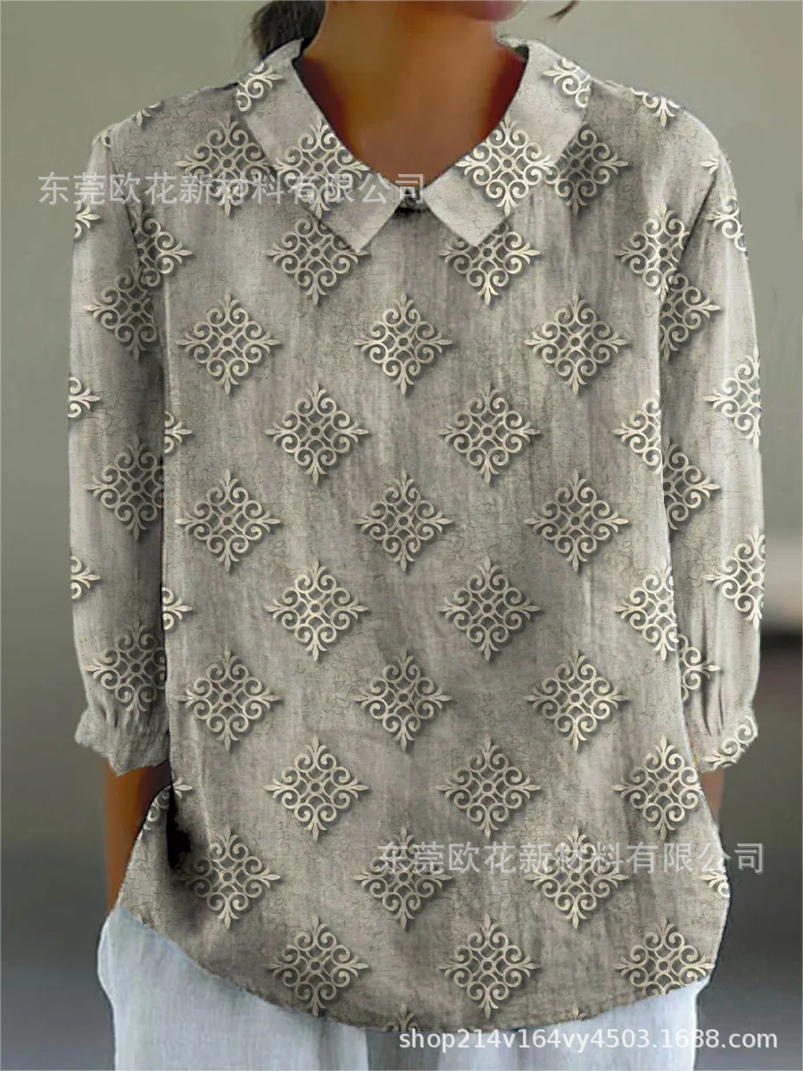 Floral Print Collared Loose Long-Sleeve 3D Print T-Shirt for Women