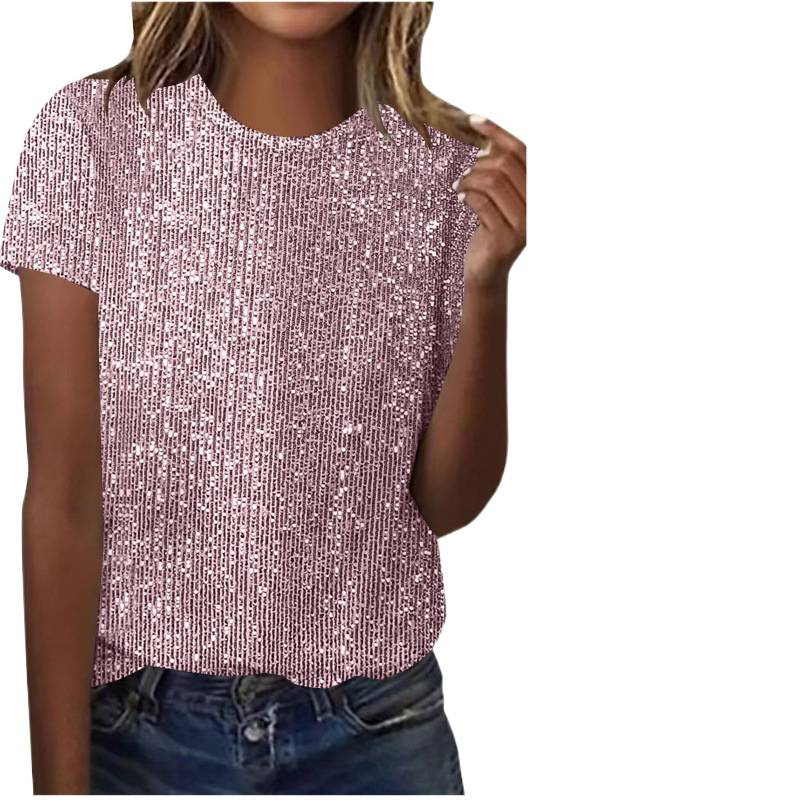 Women's Sequin Loose Crewneck Short Sleeve Top