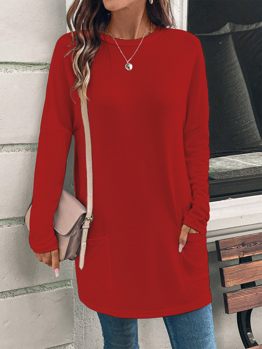 Women's Solid Color Long Sleeve Loose Crewneck Pocket T-Shirt