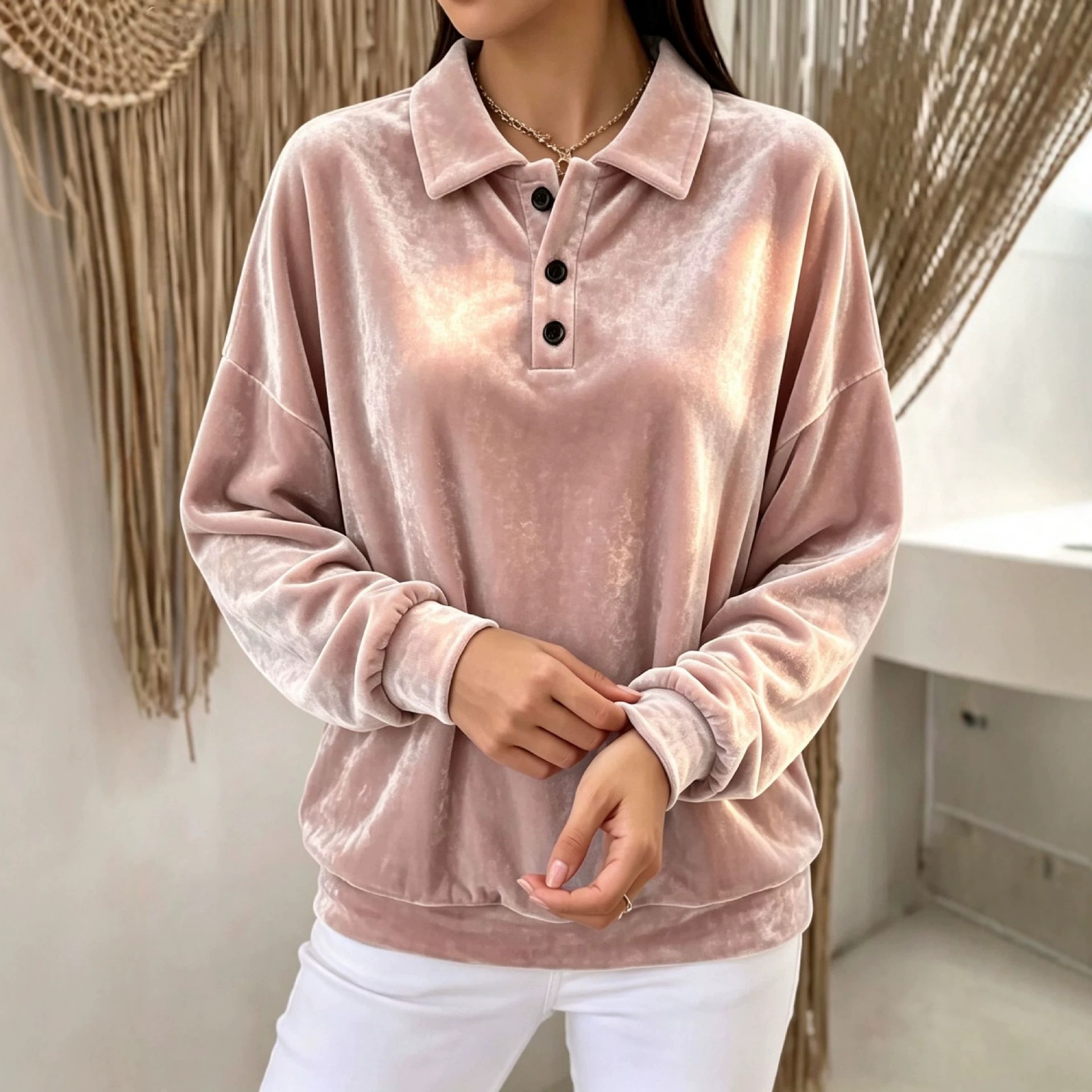 Velvet Sweatshirt with Collar Long Sleeve Solid Color Women's Casual Top