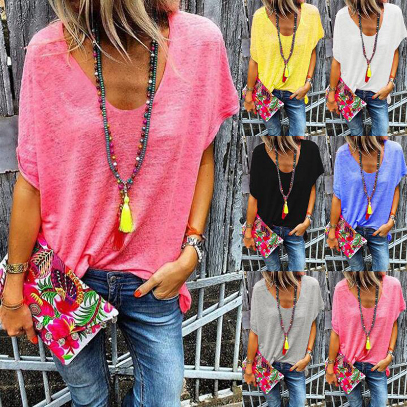 Candy Color V-Neck Short Sleeve T-Shirt for Women