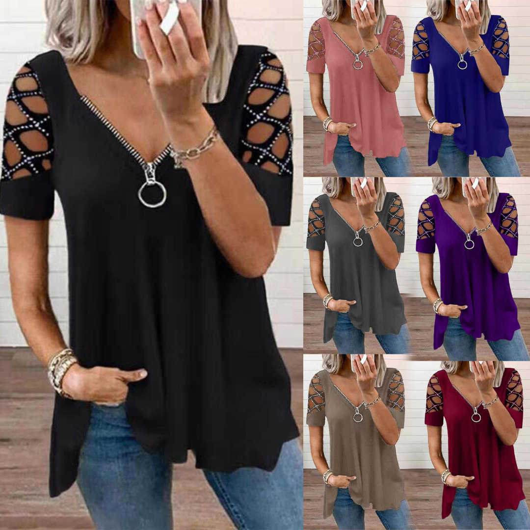 V-Neck Hollow-Out Short Sleeve Rhinestone Top
