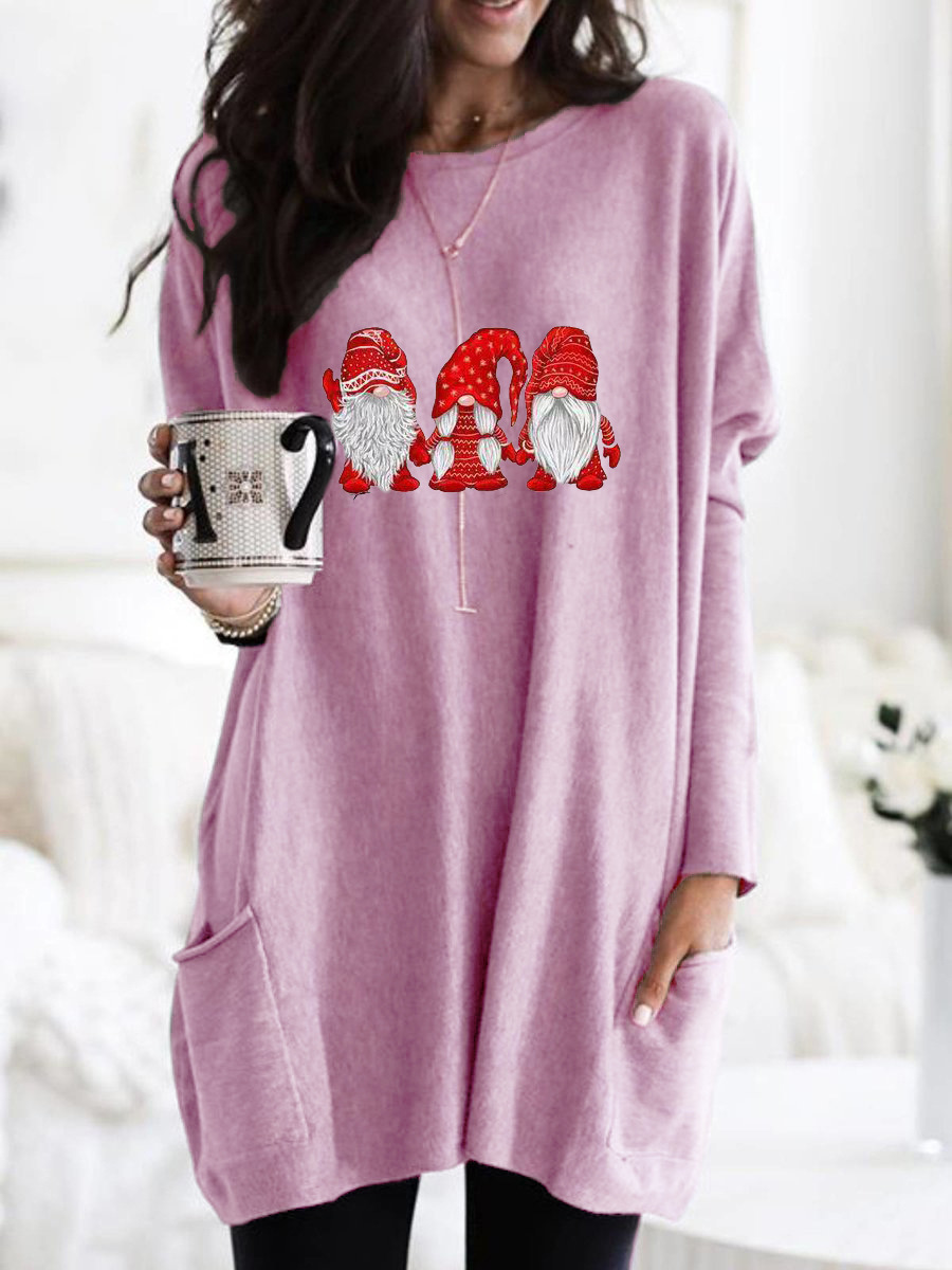 Santa Print Long Sleeve Round Neck Pocket Dress