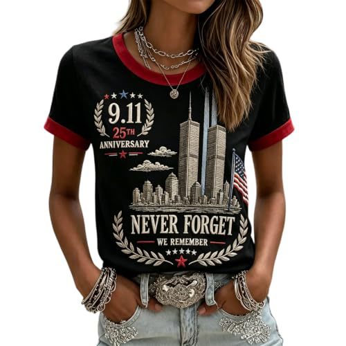 911 Twin Towers Ribbon Flag Print Short Sleeve T-Shirt