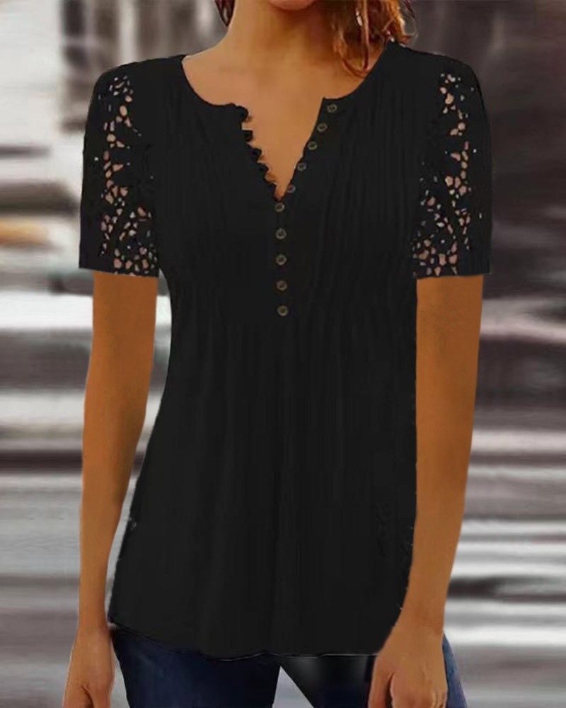 Women's Lace Trim Pleated Solid Button T-Shirt