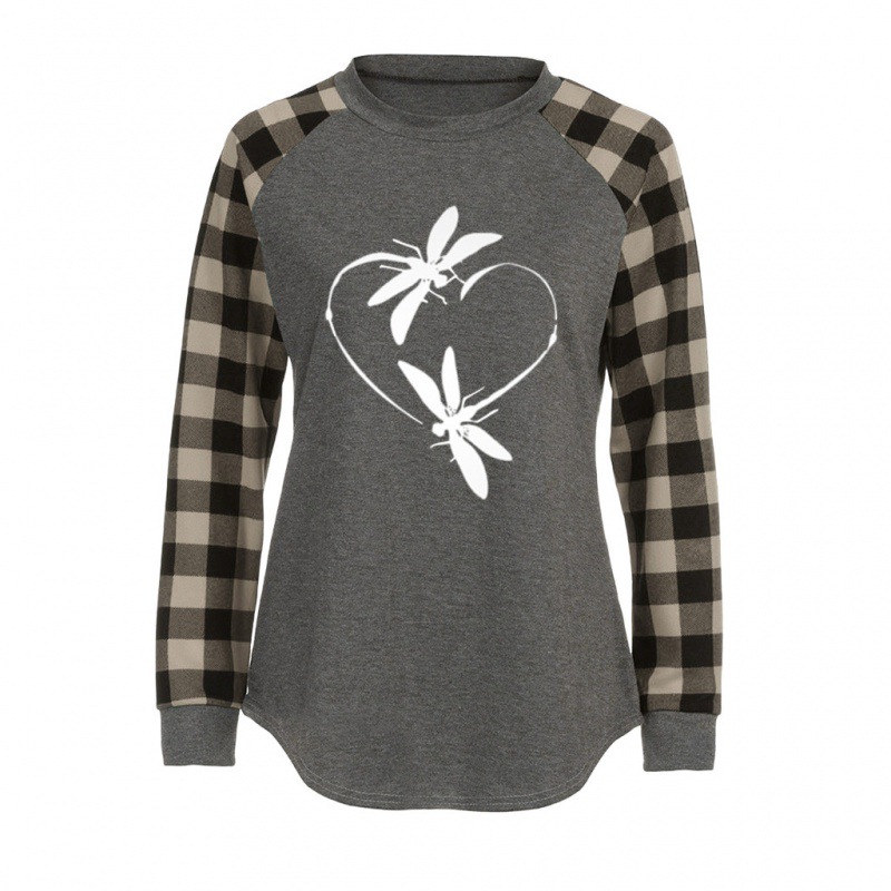 2024 Summer New Cross-Border European and American Women's Clothing Cross-Border European and American Spring and Autumn Plaid Print Round Neck Long Sleeve Top T-Shirt