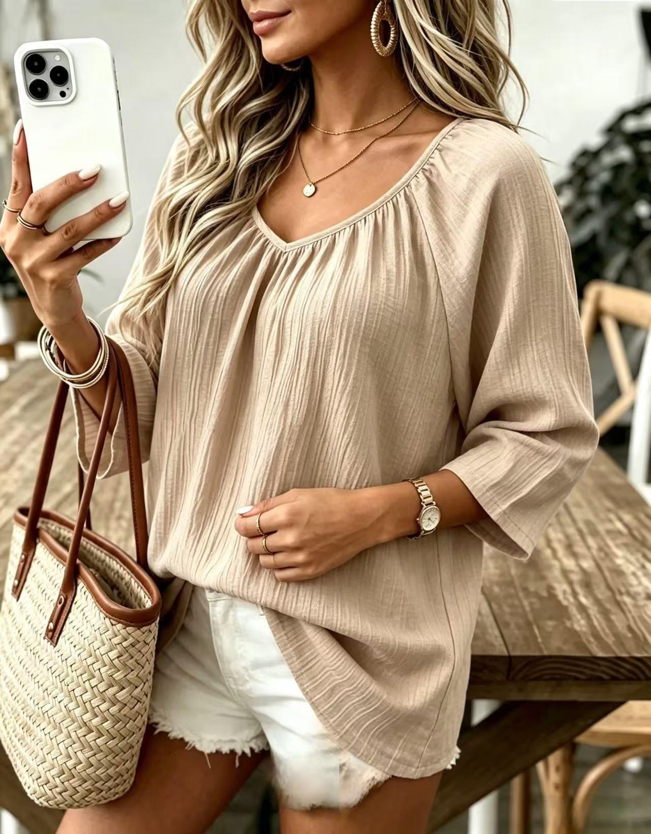 Women's Casual V-Neck Long Sleeve Loose Solid Pullover T-Shirt