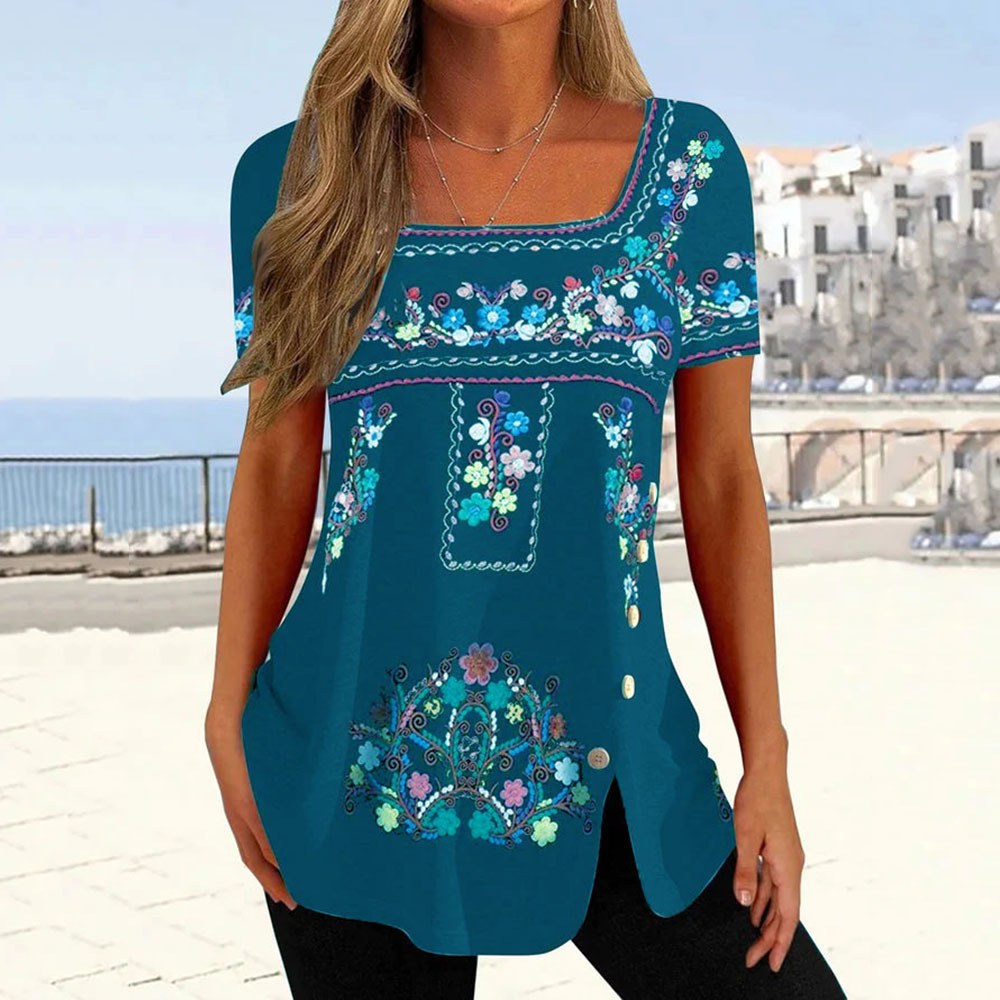 Women's Printed Button Slit Short Sleeve T-Shirt