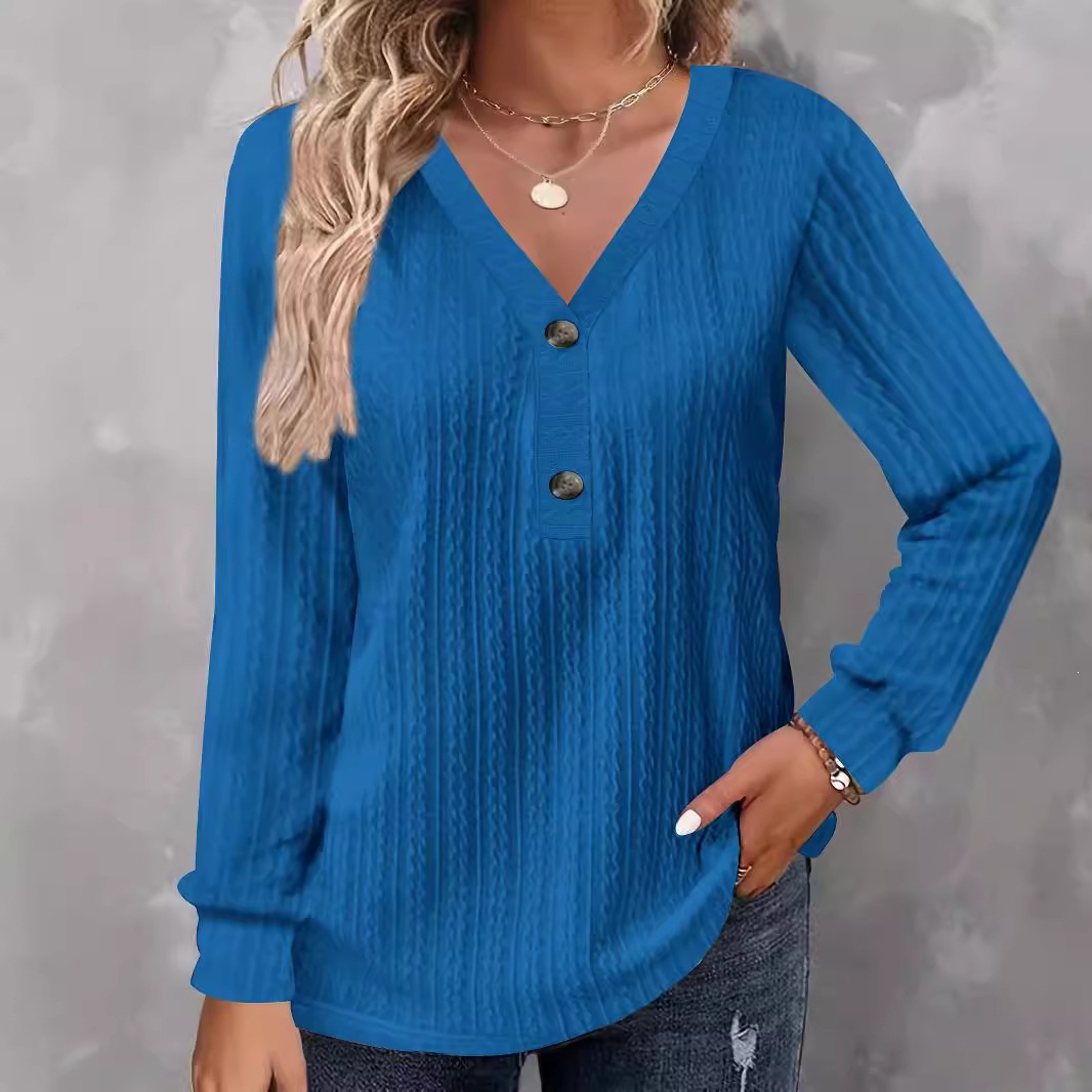 Women's Button V-Neck Long Sleeve Solid Color Casual T-Shirt Top