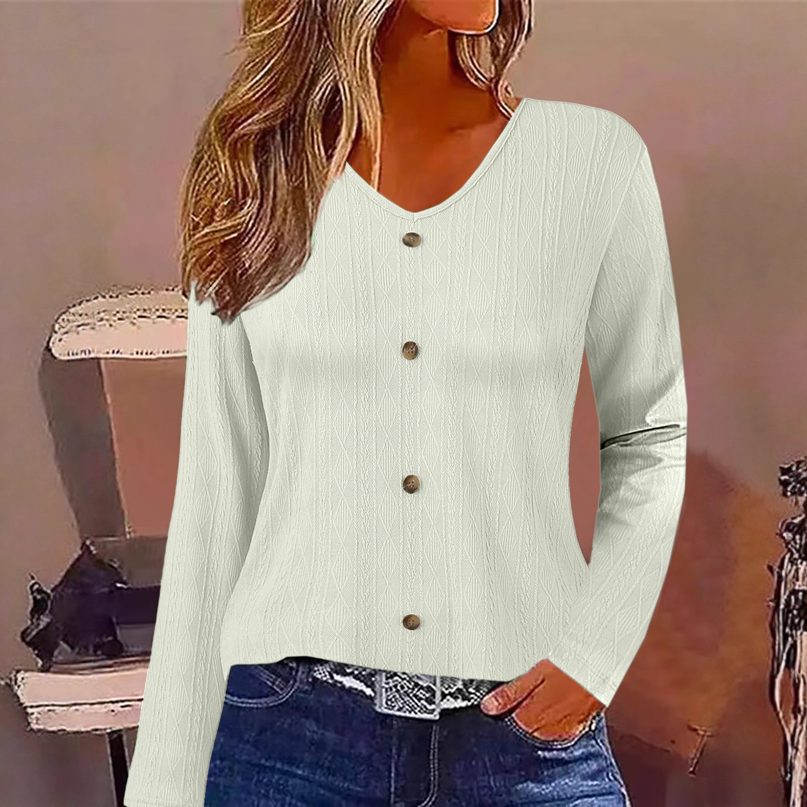 Women's V-Neck Long Sleeve Top Casual Loose Fit Solid Color