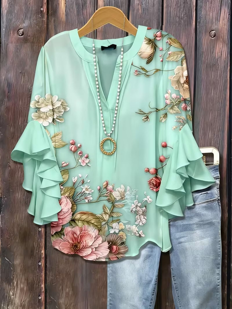 Floral Print Rolled Sleeve V-Neck Women's Top