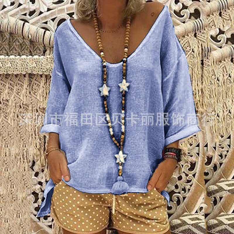Women's V-Neck Half-Sleeve Cotton-Linen T-Shirt