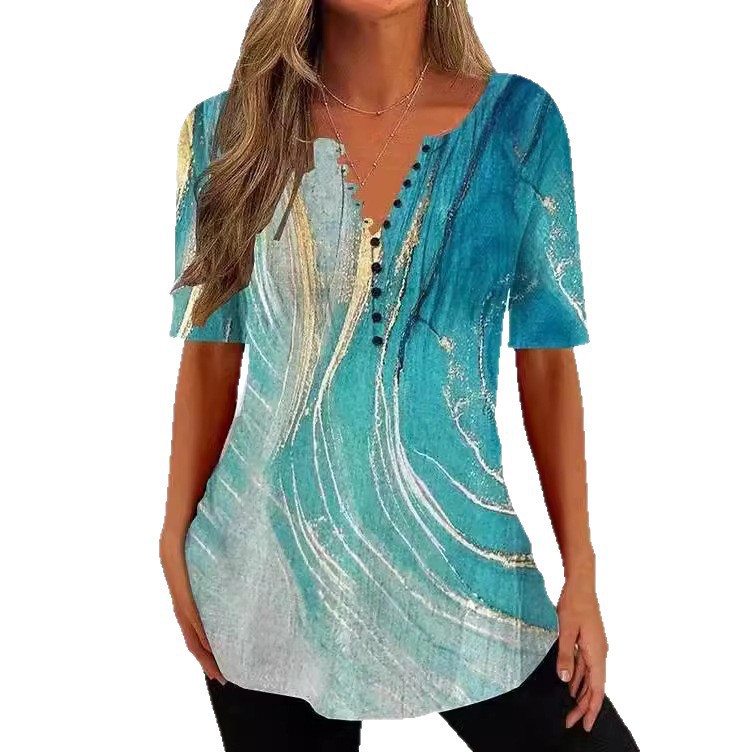 Women's Loose V-Neck Floral Print Pleated Button Short Sleeve Shirt