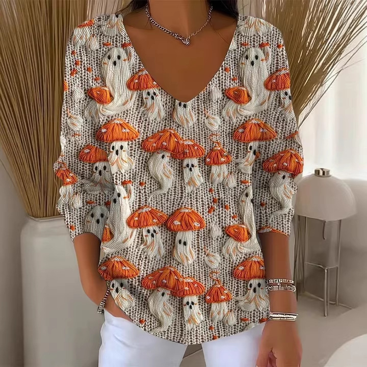 Women's V-Neck Long Sleeve T-Shirt with Animal & Plant Digital Print