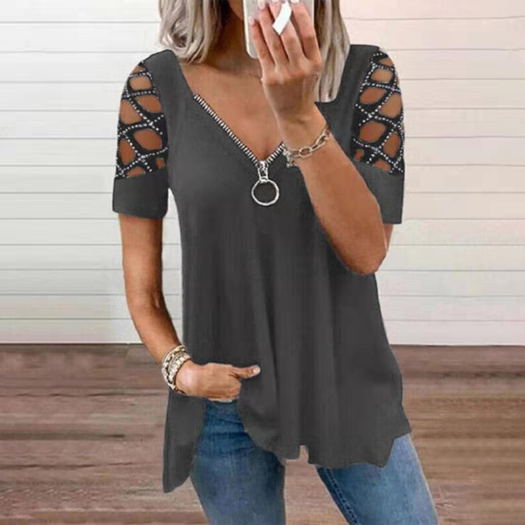 V-Neck Hollow-Out Short Sleeve Rhinestone Top