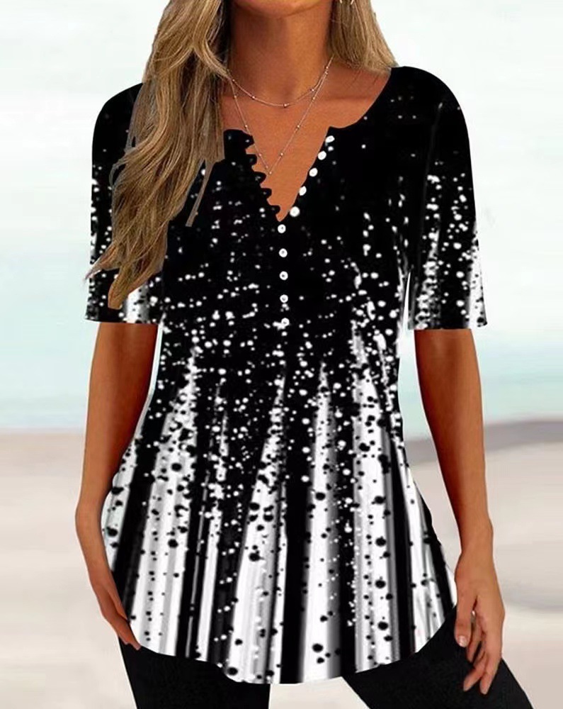 Women's Loose V-Neck Floral Print Pleated Button Short Sleeve Shirt