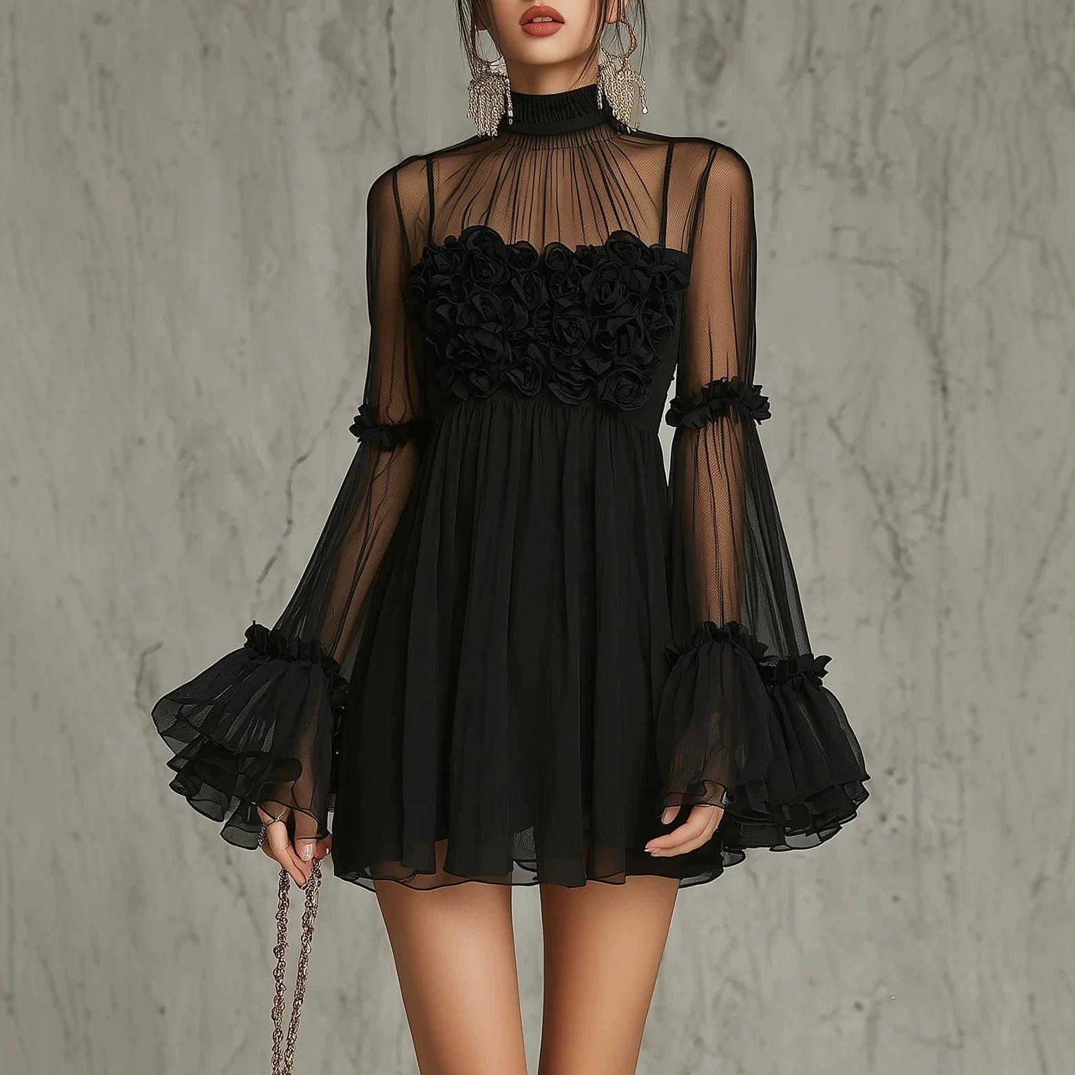 French 3D Rose Mesh Dress High Neck Sheer Flared Long Sleeve Loose Mini