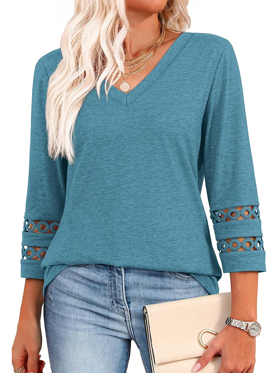 Women's Loose V-Neck 3/4 Sleeve Knit Top with Hollow-Out Detail