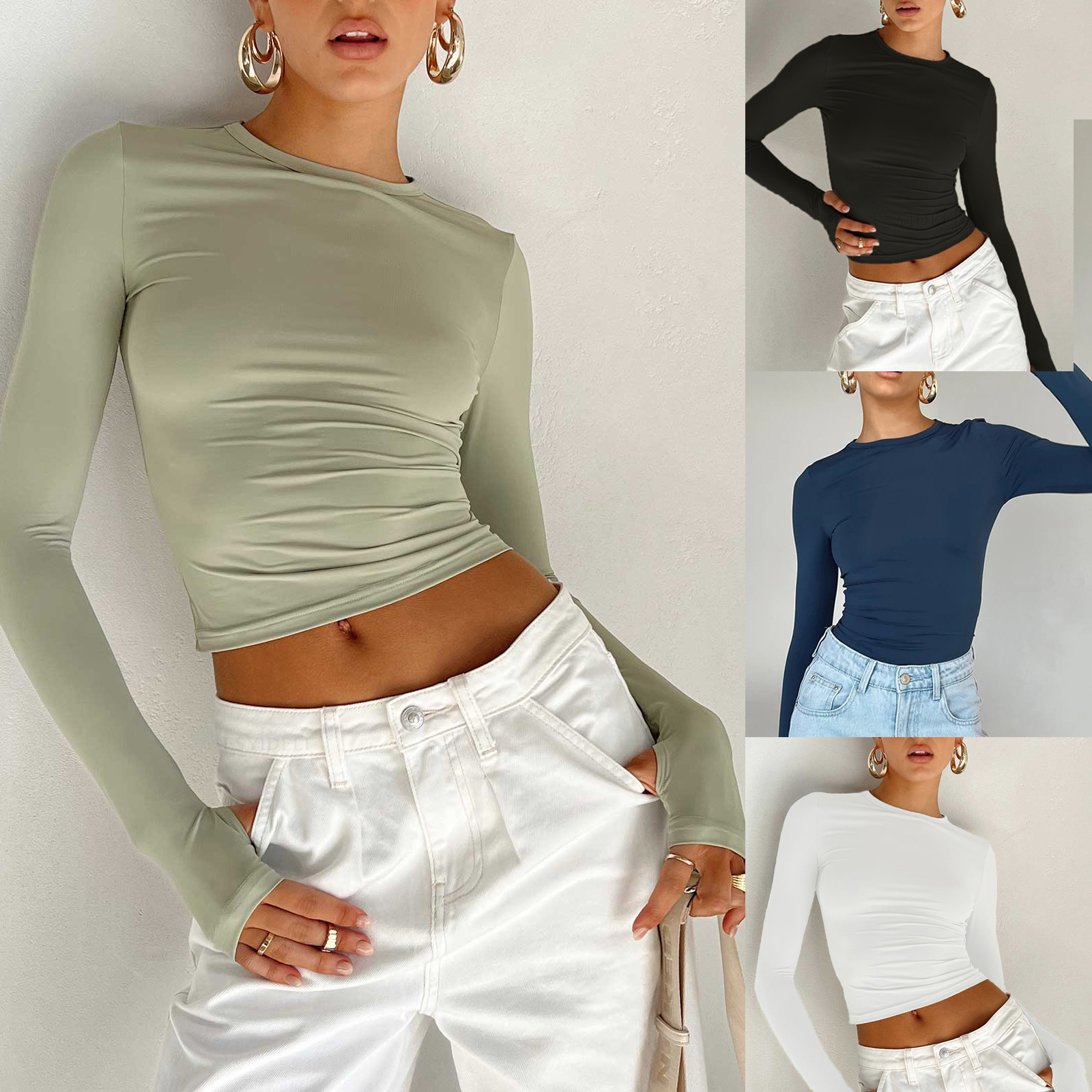 Women's Solid Crewneck Slim Fit Long Sleeve Top