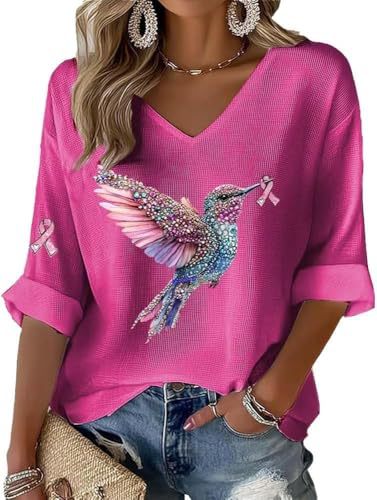 Women's Bird Sparrow Ribbon Print V-Neck Half-Sleeve T-Shirt