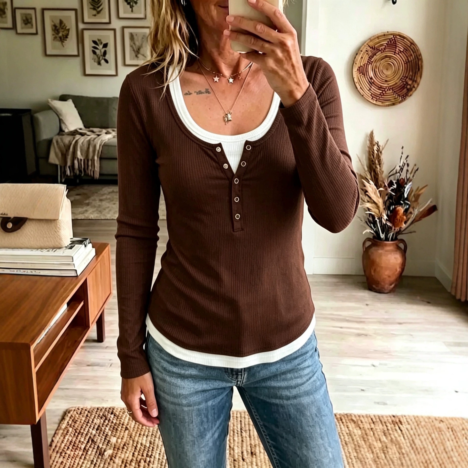 Women's Color-Block Faux-Layer Slim Long-Sleeve T-Shirt