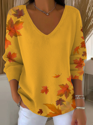 Maple Leaf Print V-Neck Long-Sleeve T-Shirt