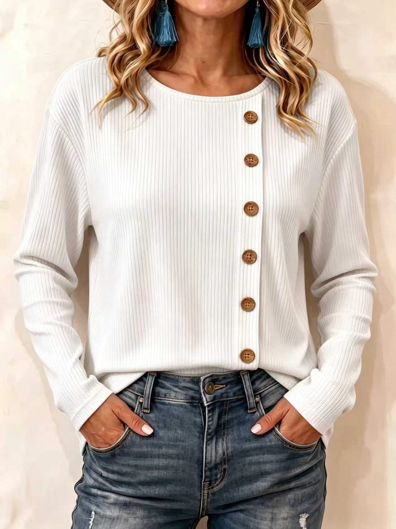 Corduroy Long-Sleeve Button-Front Solid Color Loose Fit T-Shirt