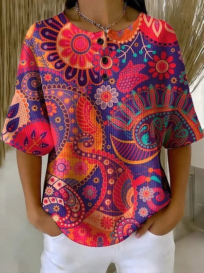 Summer Plaid Floral Print Short Sleeve Button-Up Top