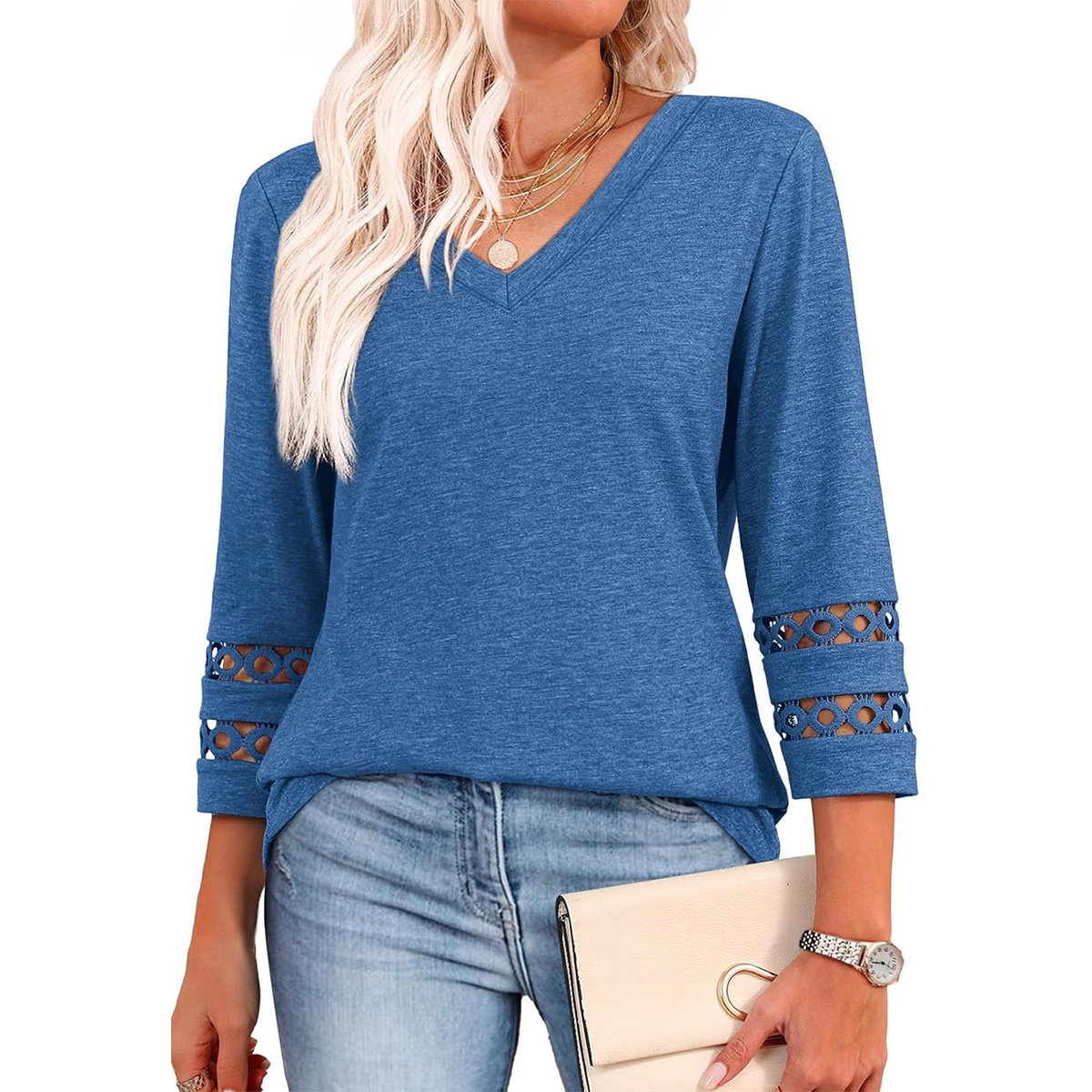Women's Loose V-Neck 3/4 Sleeve Knit Top with Hollow-Out Detail