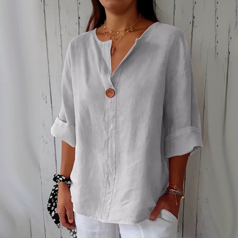 Women's Loose V-Neck Button Cotton-Blend T-Shirt