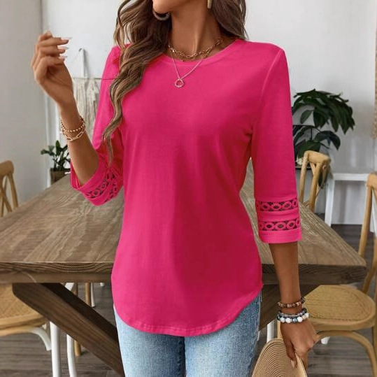 Women's Solid Crewneck Lace Trim Half-Sleeve Casual T-Shirt