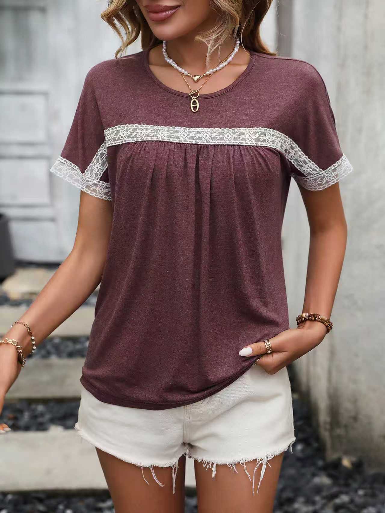Women's Lace Trim Crewneck Short Sleeve T-Shirt