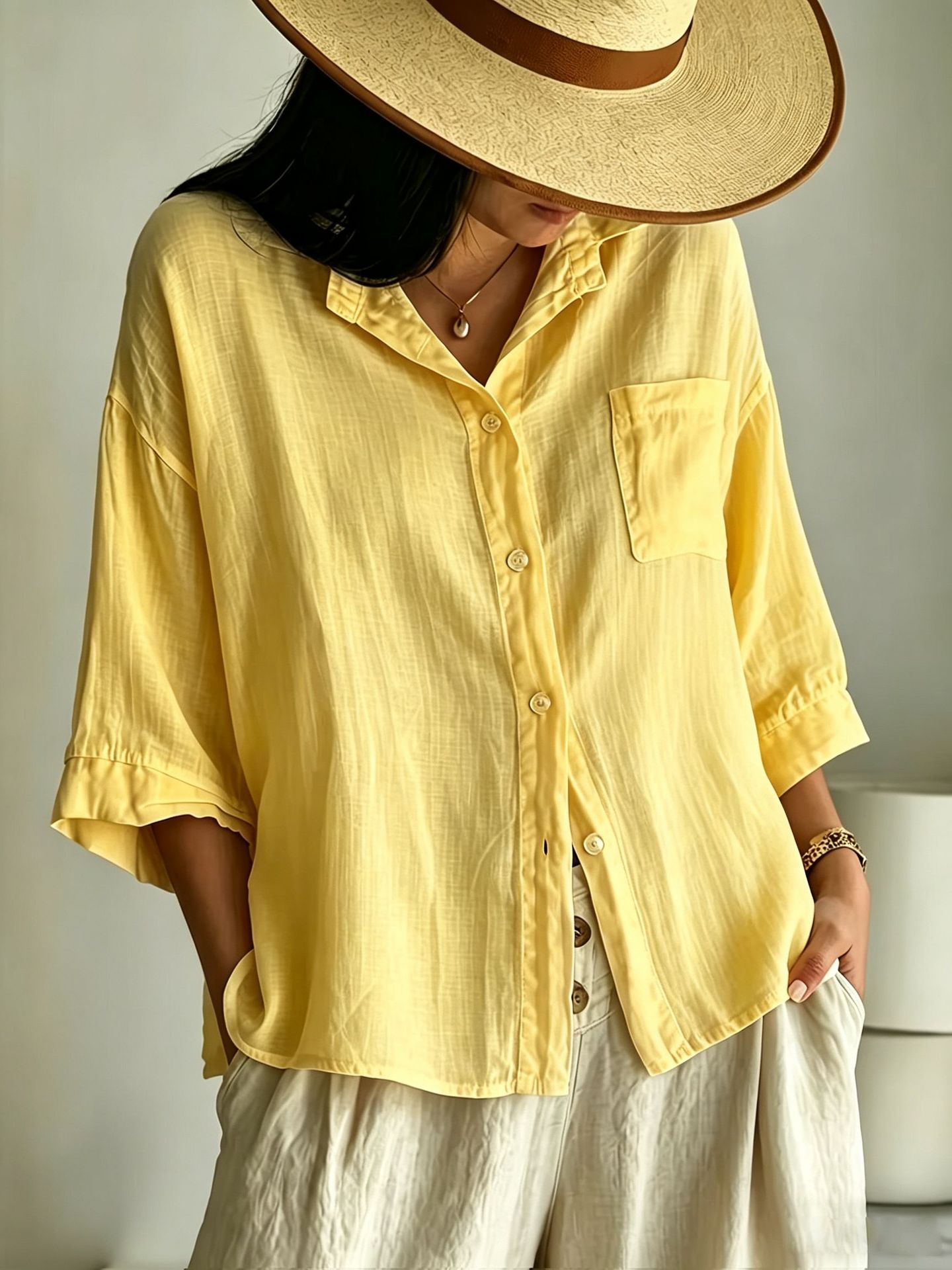Textured Cotton-Linen Button-Front Shirt with Collar, Chest Pocket, Drop Shoulder, 3/4 Sleeve, Loose Fit