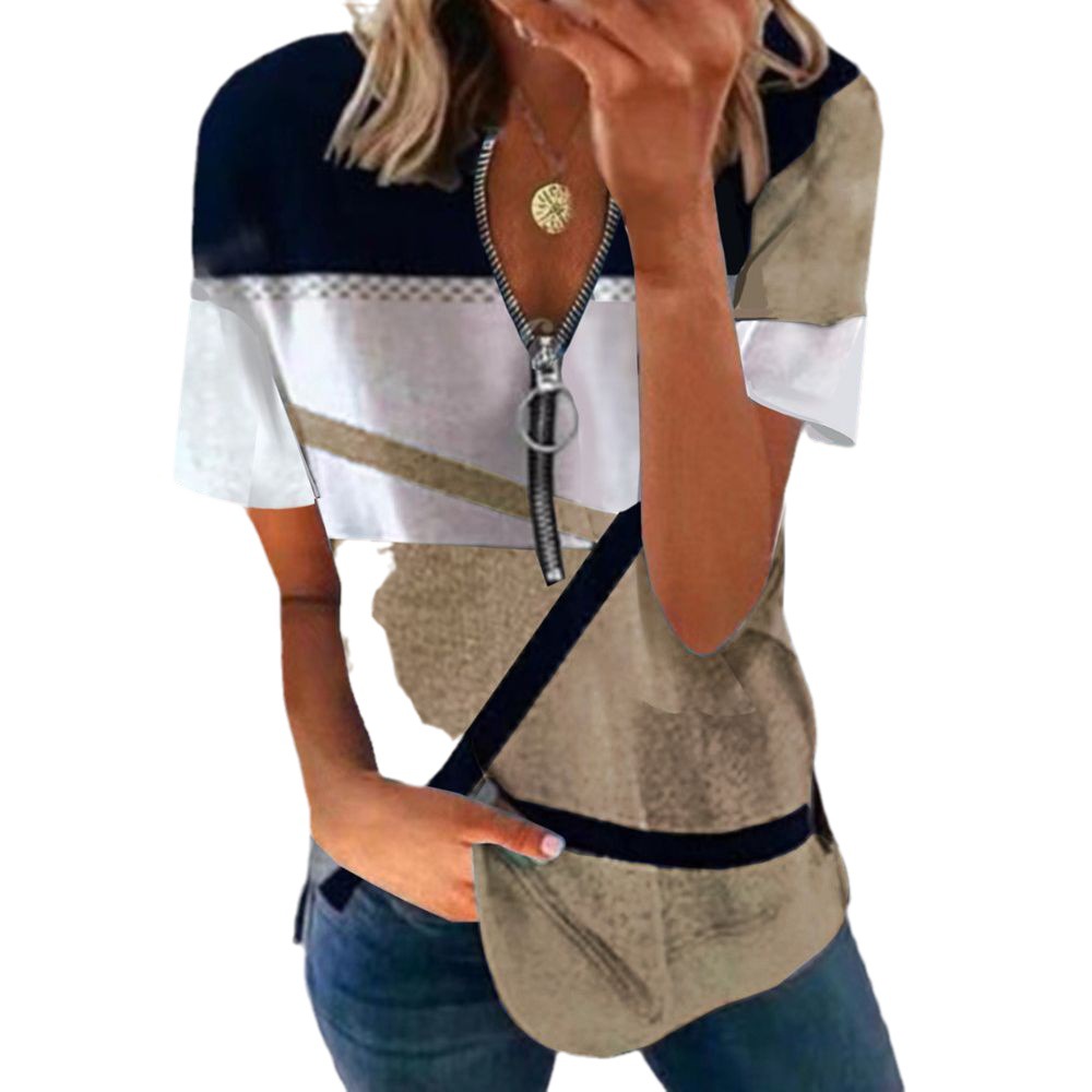 Women's Zip Print Loose Short Sleeve V-Neck T-Shirt