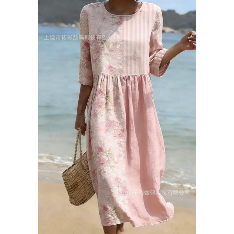Women's Midi A-Line Dress with Side Pockets, Round Neck, Long Sleeves, Loose Fit, 3D Print, Beach Vacation