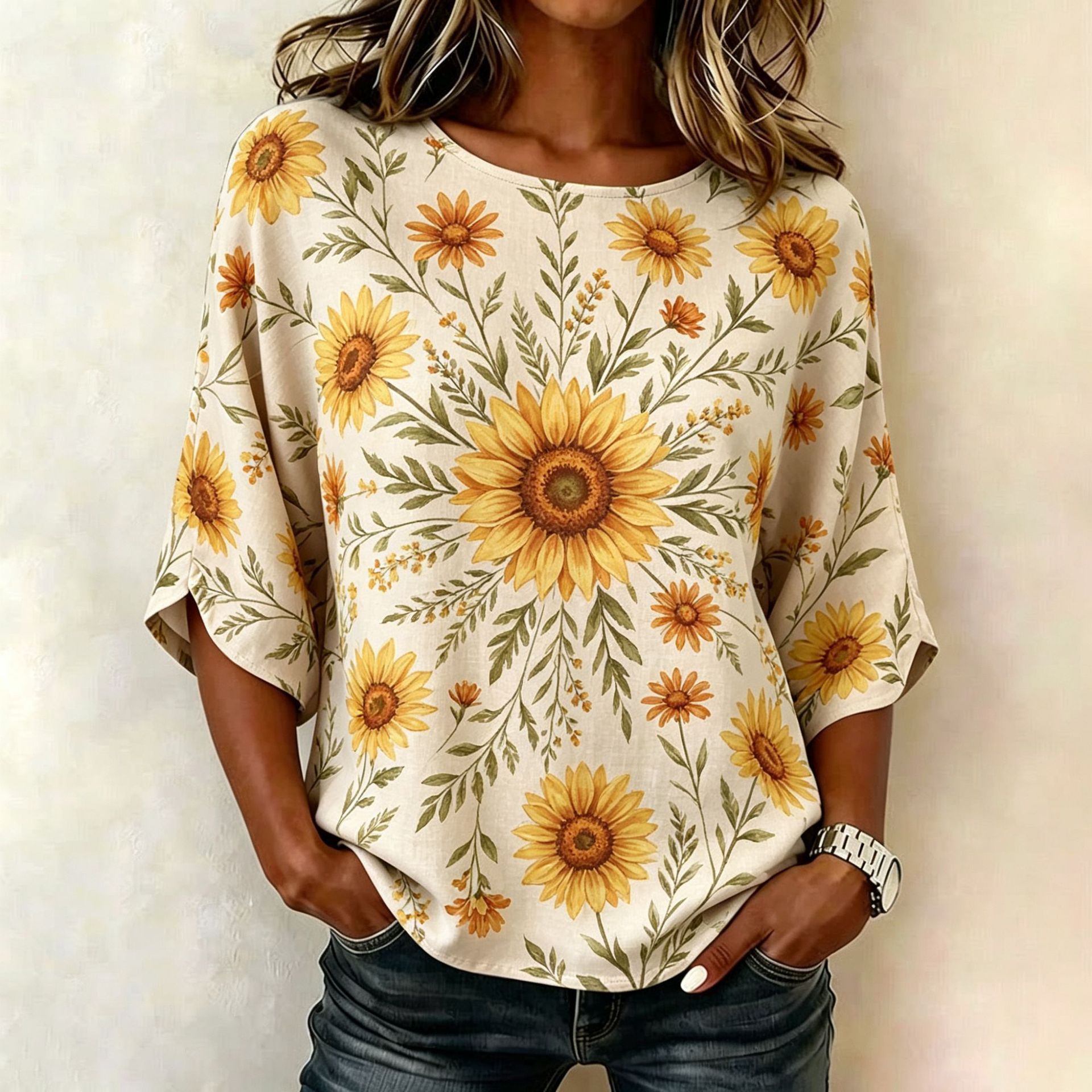 Floral Plaid Print Mid-Sleeve Women's Top