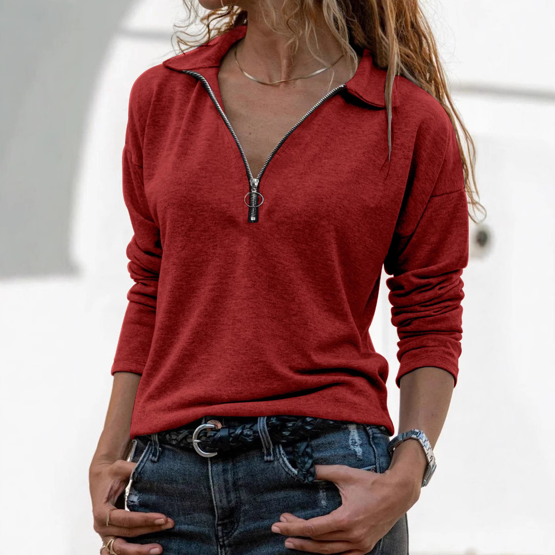 Women's Knit Zip-Up Collared Long-Sleeve Casual Top