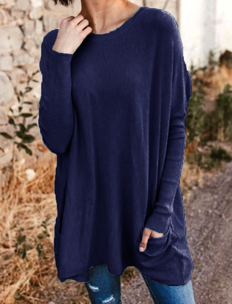 Women's Loose Fit Crewneck Long Sleeve Pocket T-Shirt