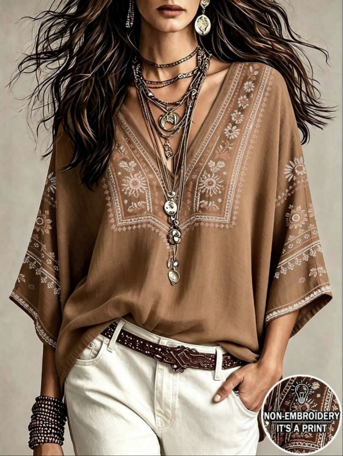 Women's Loose V-Neck Geometric Print Casual Shirt