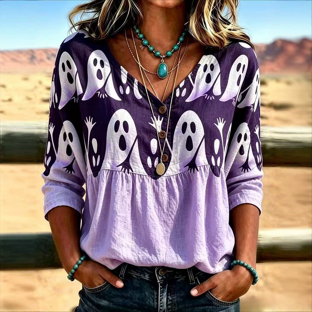 Halloween Ghost Print V-Neck Short Sleeve Women's T-Shirt