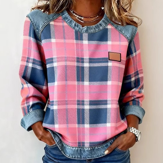 Plaid Patchwork Denim Crewneck Loose Women's Sweatshirt